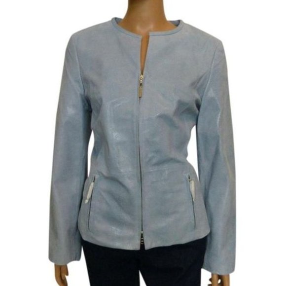 Tesori Ladies Zip Closure Genuine "Snakeskin" Leather Pale Blue Jacket/Coat - Picture 4 of 17